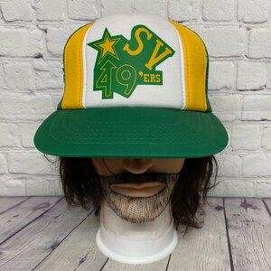Vintage Trucker Hat Mesh Cap Snapback Green Yellow White SV 49'ers Sports 80s